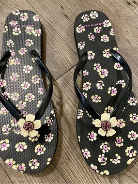 Tory Burch Black Flip Flops with Pink and Cream Floral Accents